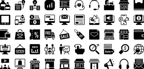 Market Icon Set Isolated Silhouette Solid Icons With Media, Icon, Social, Marketing, Business, Web, Seo Infographic Simple Vector Illustration