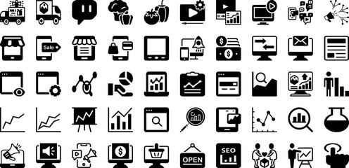 Market Icon Set Isolated Silhouette Solid Icons With Business, Social, Seo, Icon, Media, Marketing, Web Infographic Simple Vector Illustration