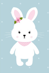 Cute white bunny with pink flower. Funny kids toy
