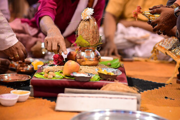 Marathi Wedding Ceremony. Indian Wedding Worship. Coconut. Maharashtra Culture. 