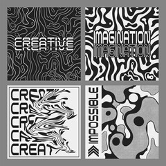 Minimal abstract optical illusion stripped posters set. Modern Pattern futuristic design. Creative, Imagination, Impossible.