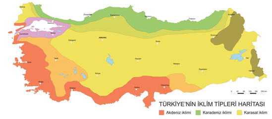 Map of climate types in Turkey, Mediterranean climate, Continental climate, Black sea climate
