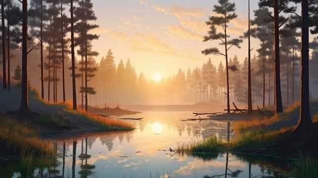 A beautiful colorful illustration of a summer landscape with a mountain lake among a pine forest . High quality illustration Generative AI