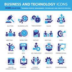 Business, data analysis, organization management and technology icon set. Business people, management, technology, creative process icon set. Icons vector collection