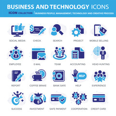 Business, data analysis, organization management and technology icon set. Business people, management, technology, creative process icon set. Icons vector collection	