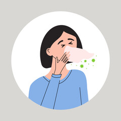Young women suffering from a sneezing. Female with health problem. Symptom of flu, cold, influenza or different disease. Flat vector medical illustration