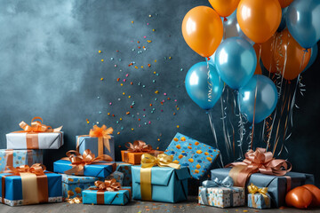 Fototapeta na wymiar Birthday party decoration, balloon, streamers, hat and gift boxes