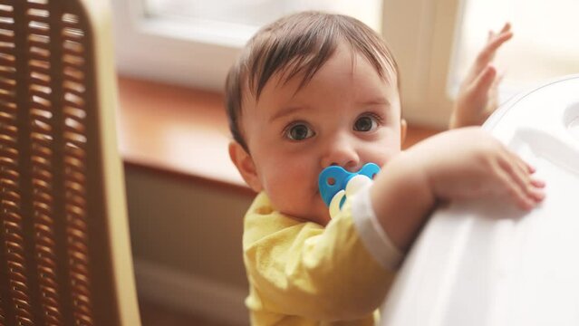 baby with a pacifier close-up trying to get up liens on a chair. family baby child dream concept. baby at home looking at camera lifestyle indoors