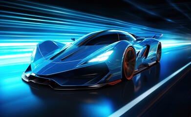 Obraz na płótnie Canvas futuristic sports car driving with blue colors and blue lights.