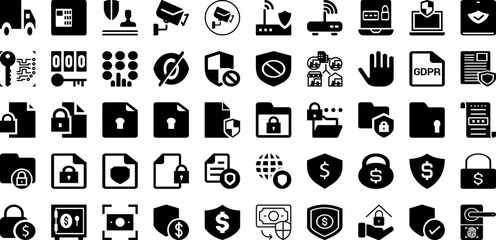 Security Icon Set Isolated Silhouette Solid Icons With Protection, Lock, Shield, Icon, Secure, Safety, Security Infographic Simple Vector Illustration