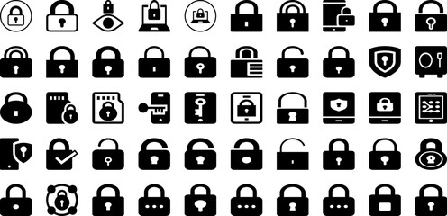 Security Icon Set Isolated Silhouette Solid Icons With Lock, Protection, Shield, Icon, Safety, Secure, Security Infographic Simple Vector Illustration