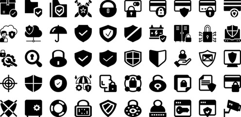 Secure Icon Set Isolated Silhouette Solid Icons With Protection, Lock, Safety, Icon, Secure, Shield, Security Infographic Simple Vector Illustration
