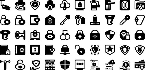 Secure Icon Set Isolated Silhouette Solid Icons With Shield, Protection, Safety, Lock, Icon, Security, Secure Infographic Simple Vector Illustration