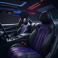 Car interior illustration  at night, with led lights for the best possible visual atmosphere. Ai generated.