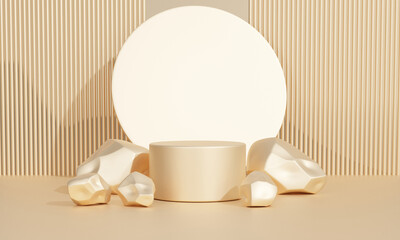 3D render gold color background with geometric shapes, pedestal empty with rock stones, circle wall shape, platform display branding abstract composition for stage product presentation, copy space