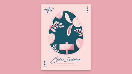 Happy Easter Invitation Poster. Easter Holiday Invitation Poster with eggs, rabbits and spring stuff. Vector Graphic Template. All text layers are editable.
