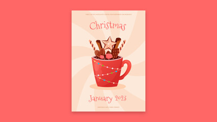 Christmas Poster With Coffee Cup. All texts are editable. Vector Graphic Template.