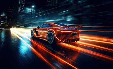 Fototapeta na wymiar futuristic sports car driving with blue colors and blue orange lights.