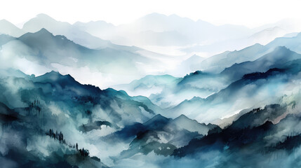 Blue mountains and clouds, watercolor illustration, art 