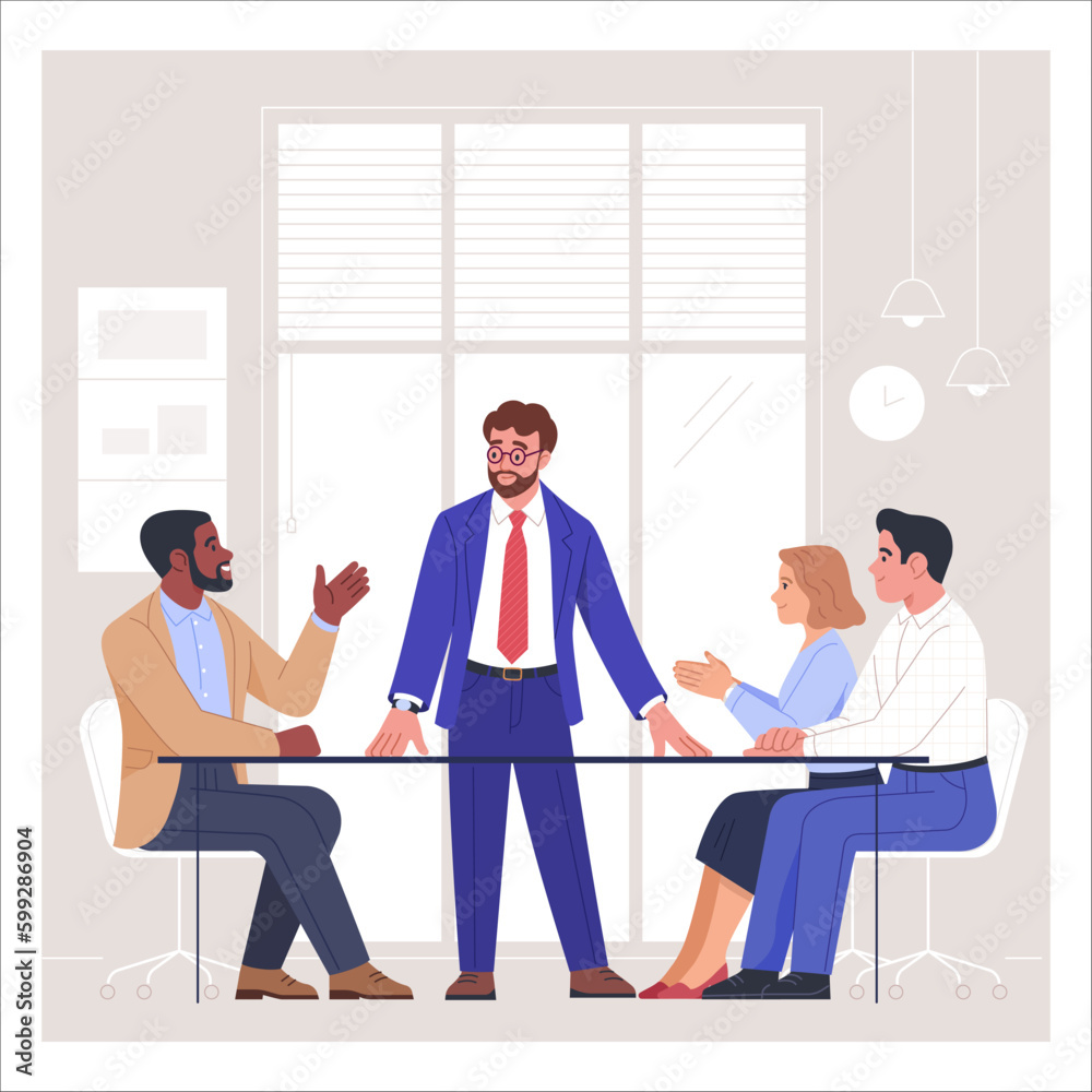 Poster business meeting. vector cartoon illustration in a flat style of a group of diverse people sitting a