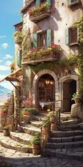 Fototapeta na wymiar Coastal Renaissance Charm: A Hyperdetailed Fantasy Tavern on a Sunny Day 3. Generative AI