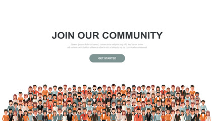 Join our community. Crowd of united people as a business or creative community standing together. Flat concept vector website template and landing page design for invitation to summit or conference	
 - Powered by Adobe