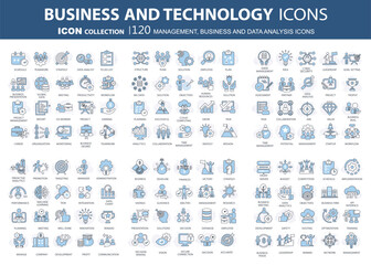 Business, data analysis, organization management and technology icon set. Teamwork, strategy, planning, marketing, cloud technology, data analysis, employee icon set. 120 Thin line blue icons set
