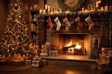 christmas tree with fireplace and stockings for xmas promotion  - made with generative ai
