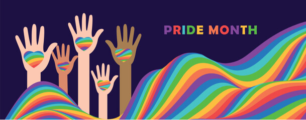 Obraz premium LGBT Pride Month banner. Rainbow wave shape color and human hands. Trendy backdrop for banner, poster, flyer, website