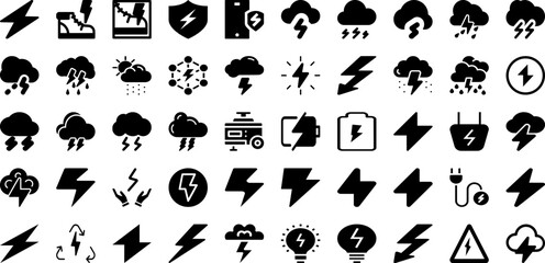 Thunder Icon Set Isolated Silhouette Solid Icons With Symbol, Sign, Icon, Vector, Thunder, Light, Storm Infographic Simple Vector Illustration