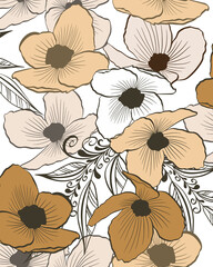 Delicate vintage blooming flowers in beige shades seamless pattern