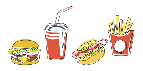 Set of fast food with french fries, hamburger, hot dog, soda in continuous one line art drawing style. Street food. Single line. Takeout food, junk food linear color sketch for menu, banner, poster