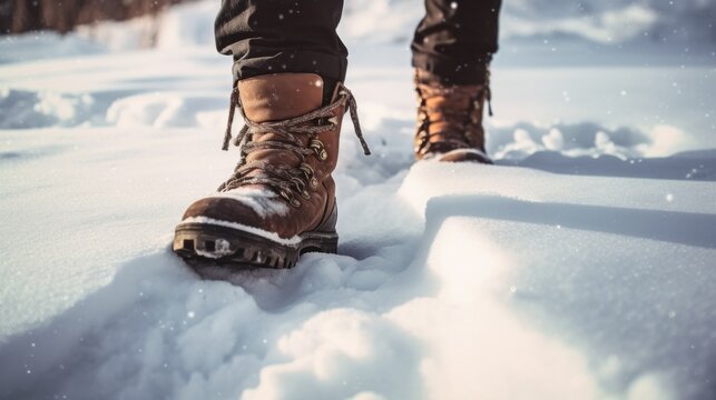 Close-up of feet of man with brown leather boots in the snow. Generative AI.