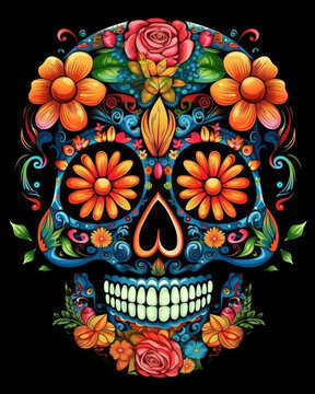 Happy Sugar Skull with flowers , Colorful Day of the Dead Skull, Mexican Sugar Skull, generative ai