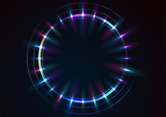 Blue purple neon laser rings with rays abstract background. Technology vector design