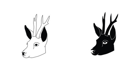 black and white deer head flat icon isolated on white background. zoo, animal, deer, reindeer, stag, horn, head, deer head, antler, hunt, hunter, hunting, wild, sticker, clipart, vector illustration