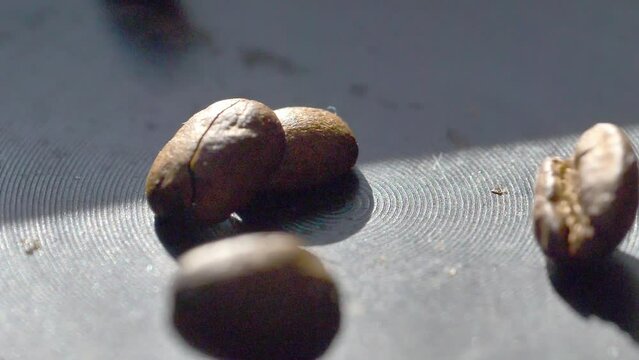 Coffee beans landing in roasting pan in slow motion