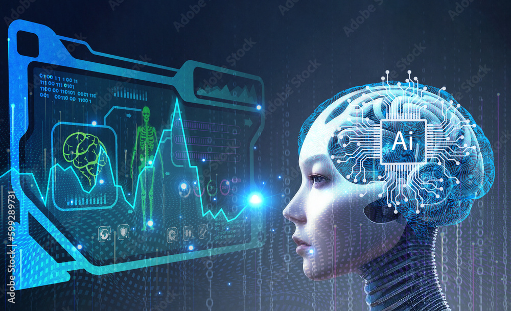 Wall mural human robots look at screens of health big data network connection background, science and artificia