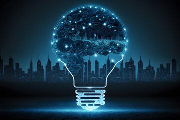 Generative AI image of illuminated lamp bulb against modern cityscape with skyscrapers while representing future automation and technology development concept against blue background