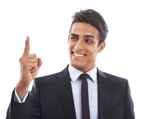 He plans on moving up - Career. A handsome young man pointing his finger up and smiling against a white background.