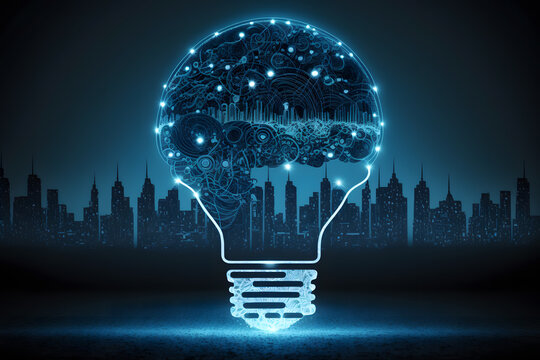 Generative AI image of illuminated lamp bulb against modern cityscape with skyscrapers while representing future automation and technology development concept against blue background
