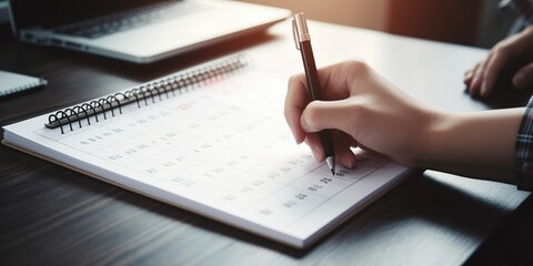 Event planner agenda organizing by organizer schedule. Business man hand note on notebook with calendar planner on office table With Generative AI technology