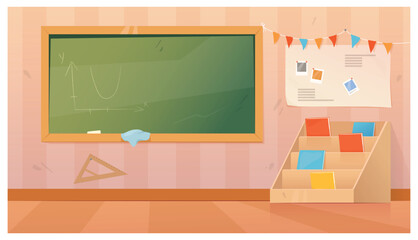 Geometry classroom interior, school class room with desk, student blackboard with geometrical tasks and rulers, studying posters, Cartoon vector illustration