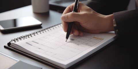 Event planner agenda organizing by organizer schedule. Business man hand note on notebook with calendar planner on office table With Generative AI technology