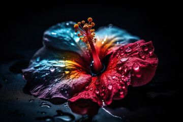 Generative AI image of from above of vibrant beautiful multicolored hibiscus flower pollen with water drops and neon glowing against black background