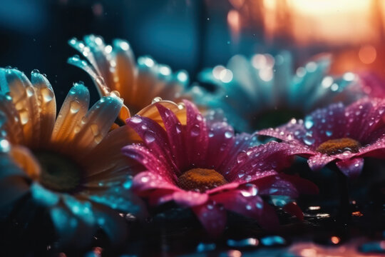 Generative AI image of different colored gerbera flowers placed on hard blue surface with water drops and with glowing neon lights against black background