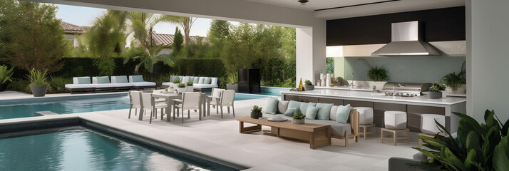 Stylish outdoor living space with a modern outdoor kitchen, comfortable seating, and a large pool (generative AI)