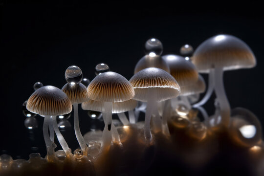 Generative AI image of closeup of small thin glassy fresh mushrooms growing on dew against black background on blurred grassy lawn