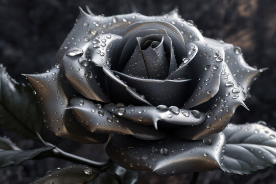 Generative AI illustration of lush realistic rose with tender black petals covered with dew and dark leaves