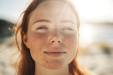 Closeup of glowing freckled young woman at the beach outdoors. Generative AI.